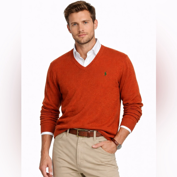 Polo Ralph Lauren 100% Lambswool V-Neck Sweater Burnt Orange Size M